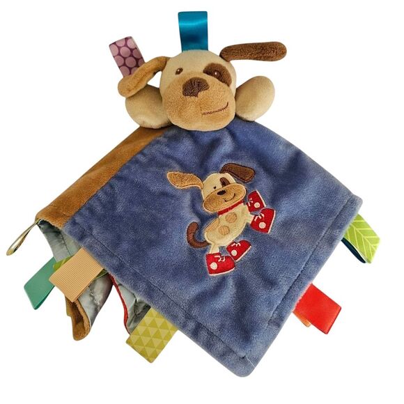 Taggies Puppy Dog Security Blanket Lovey Blue Red Brown Baby Sensory Comfort Toy - Picture 1 of 7